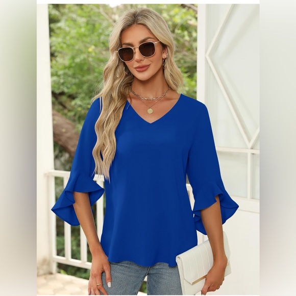 Qirno Chiffon Blouses for Women Ruffle 3/4 Sleeve Dressy V Neck Casual in blue - Picture 5 of 11